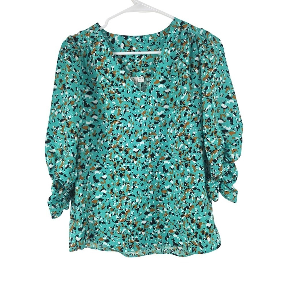 Joie Art To Wear Top XS Womens Blue Speckle Rouched Sleeve V Neck Lagen Look